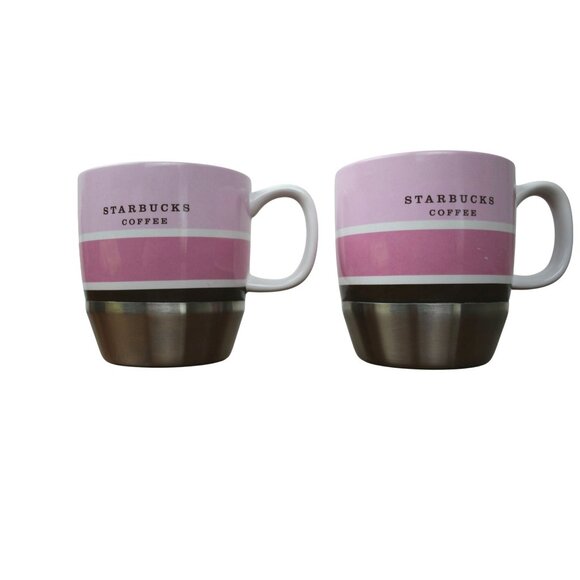 Starbucks Coffee Pink & Stainless Steel Ceramic Mugs 10oz Set Of 2 Durable & Sty - Picture 1 of 7
